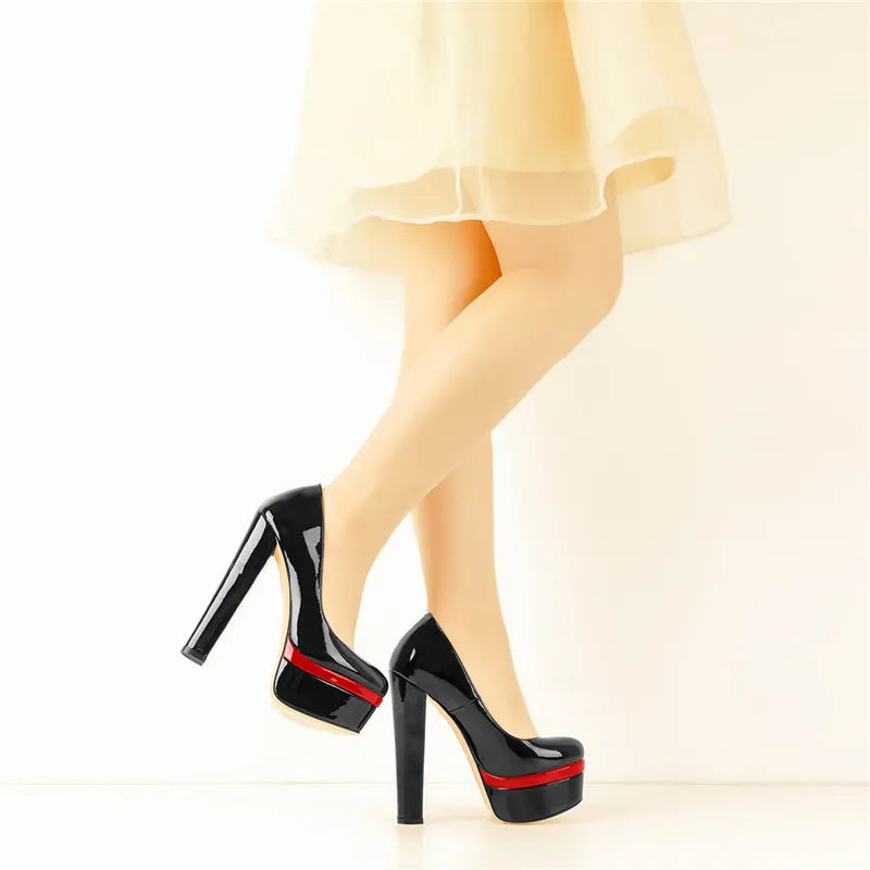Black Patent Leather Platform Chunky High Heels - Your Shiny Clothes