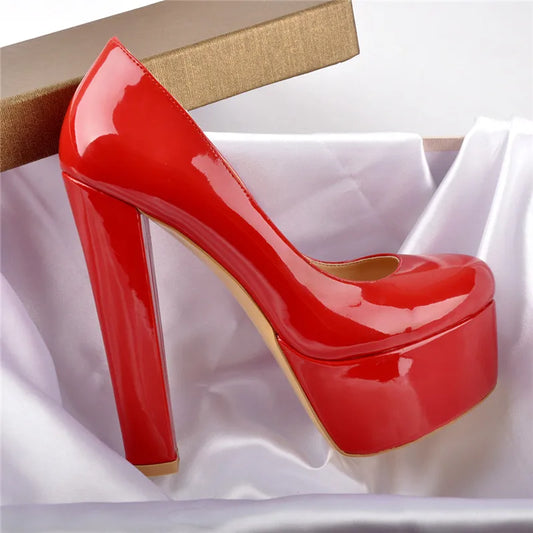 Red Patent Leather Platform Chunky High Heels - Your Shiny Clothes
