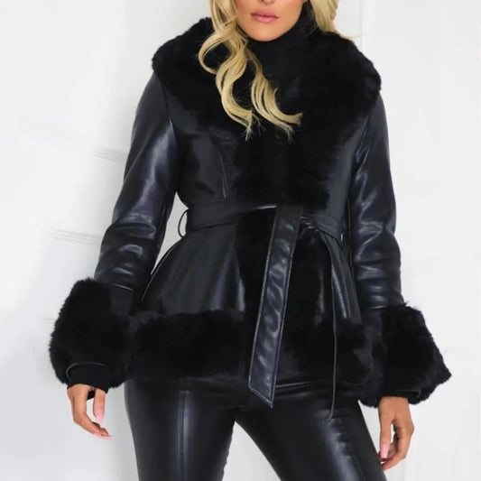 PU Leather And Faux Fur Winter Coat - Your Shiny Clothes