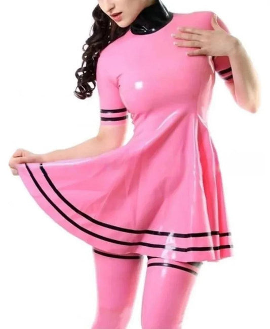 Pink Latex Dress with Stockings Back Zip And Black Trim - Your Shiny Clothes