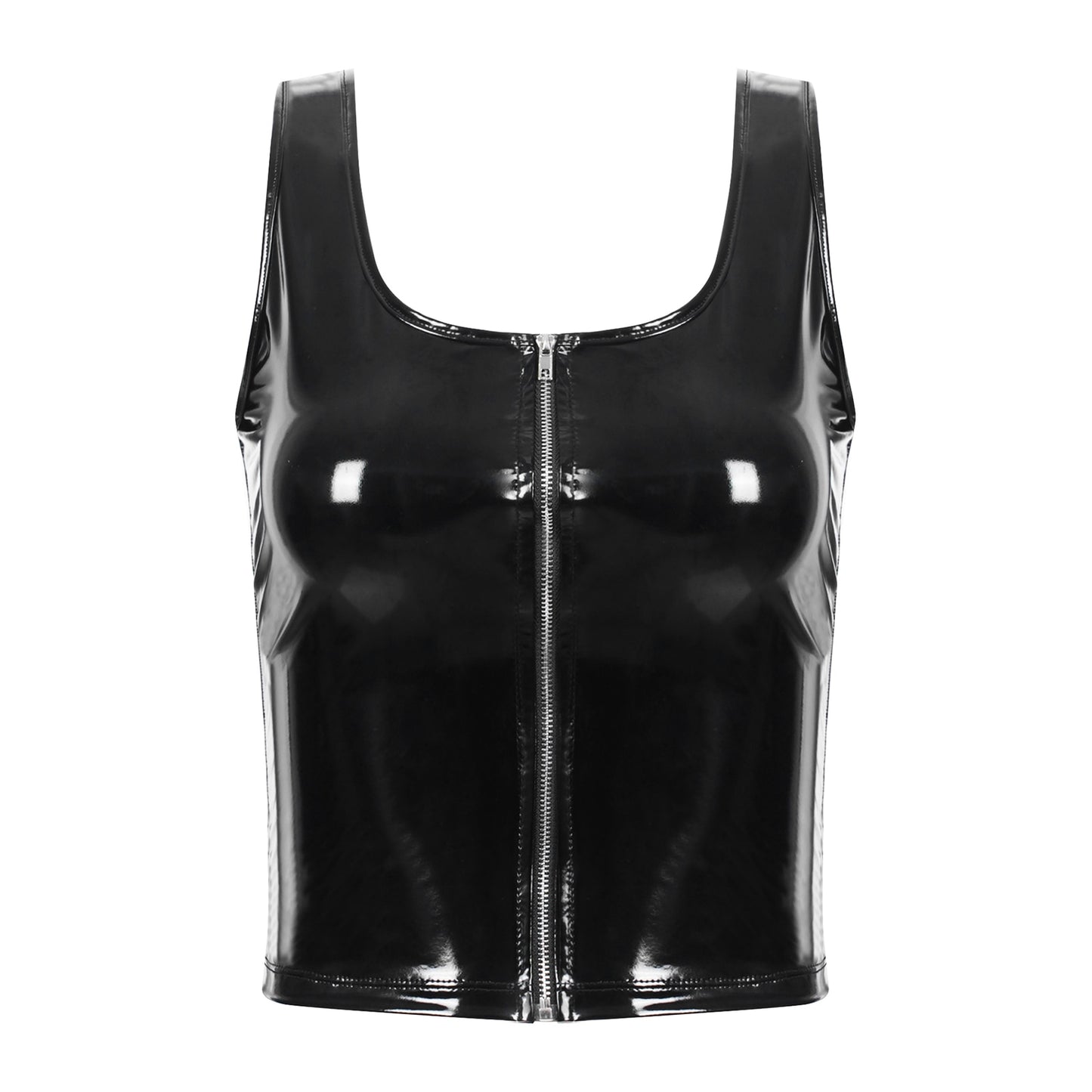 Black PVC Front Zipped Tank Top - Your Shiny Clothes