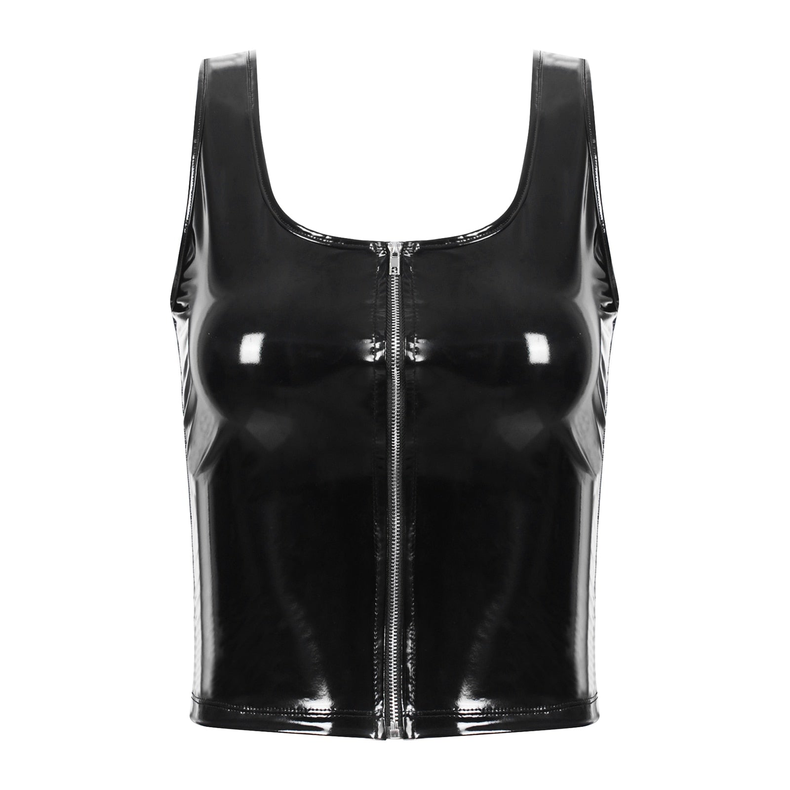 Black PVC Front Zipped Tank Top - Your Shiny Clothes