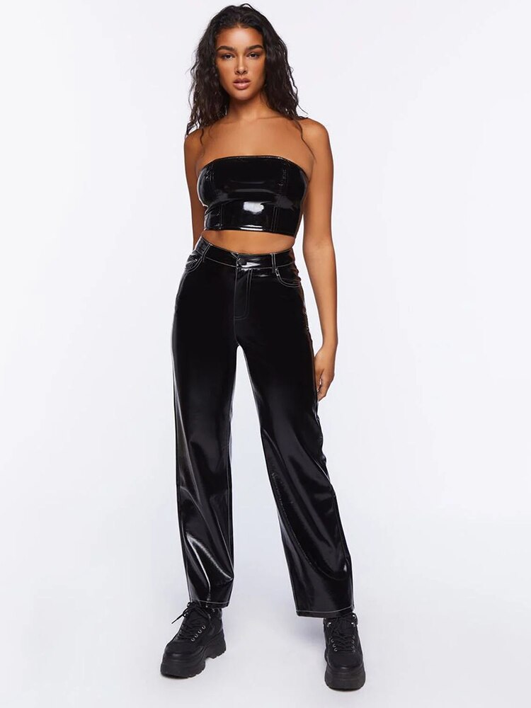 Black Patent Leather Strapless Zip Back Crop Top - Your Shiny Clothes