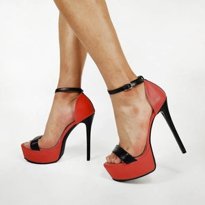 Red Faux Leather Platform Stiletto Heels With Ankle Strap - Your Shiny Clothes