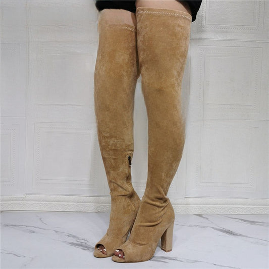 Coffee Colour Faux Suede Over The Knee Peep Toe Boots - Your Shiny Clothes