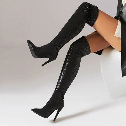 Snakeskin Over the Knee Boots - Your Shiny Clothes