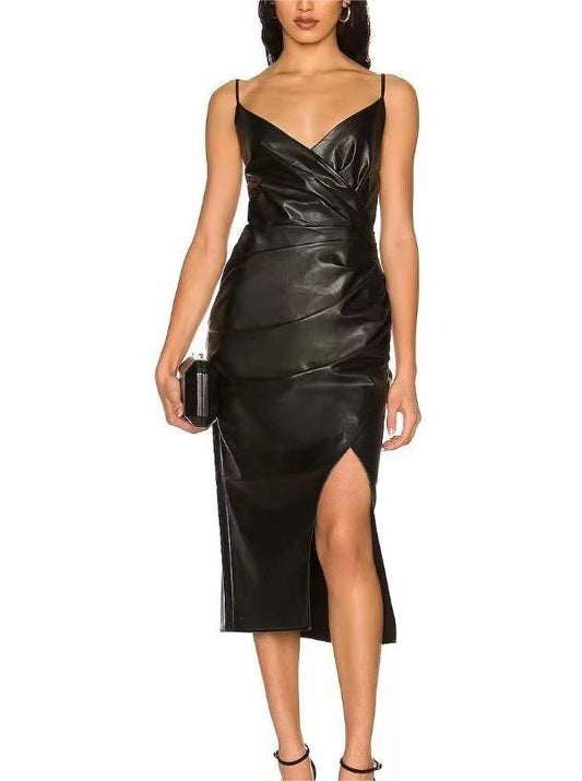 Faux Leather Long Strap Dress - Your Shiny Clothes