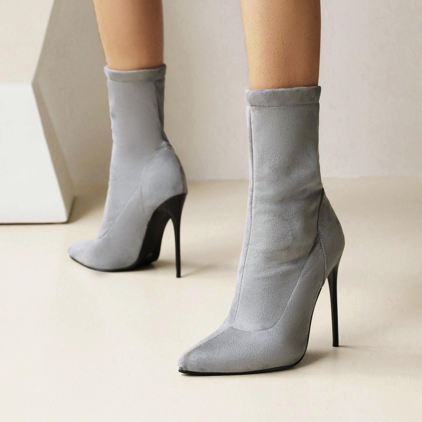 Glittering Metallic Trim Square Toe High Heel Ankle Boots - Silver – Trendy  & Unique