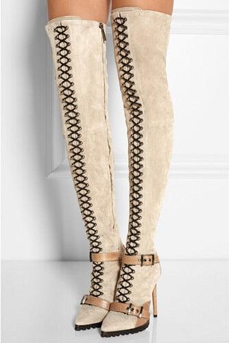 Suede Leather Over The Knee Lace-Up Boots - Your Shiny Clothes