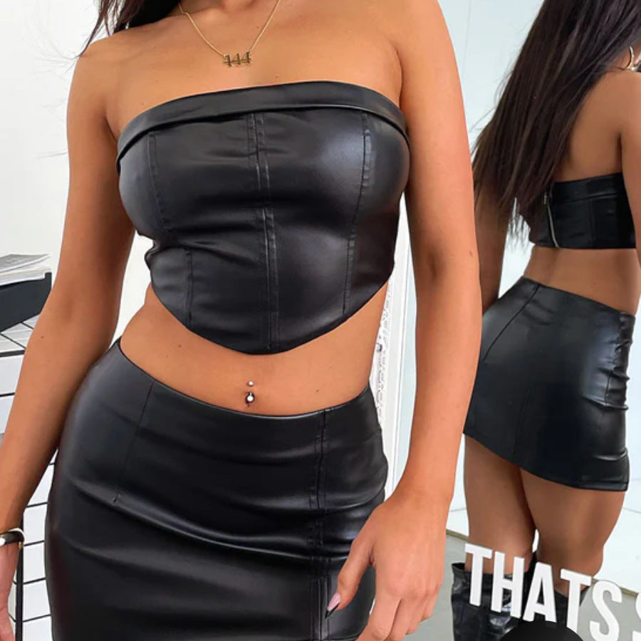 Faux Leather Cropped Top And Skirt Set - Your Shiny Clothes