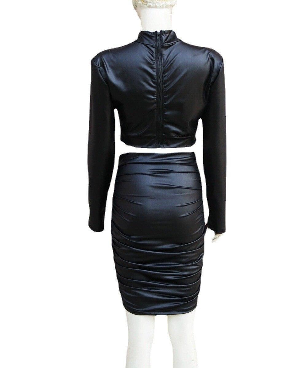 PU Leather Top & Ruched Skirt - Your Shiny Clothes