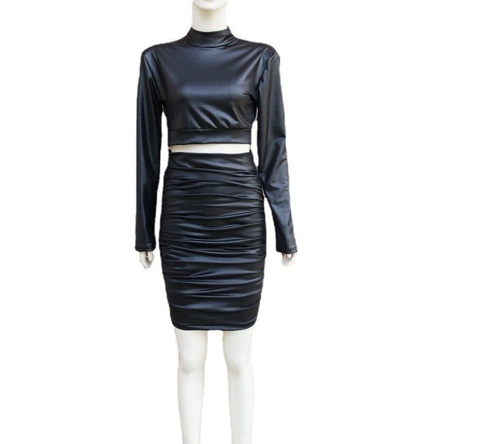 PU Leather Top & Ruched Skirt - Your Shiny Clothes