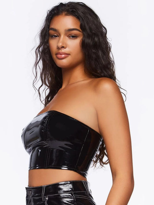 Black Patent Leather Strapless Zip Back Crop Top - Your Shiny Clothes